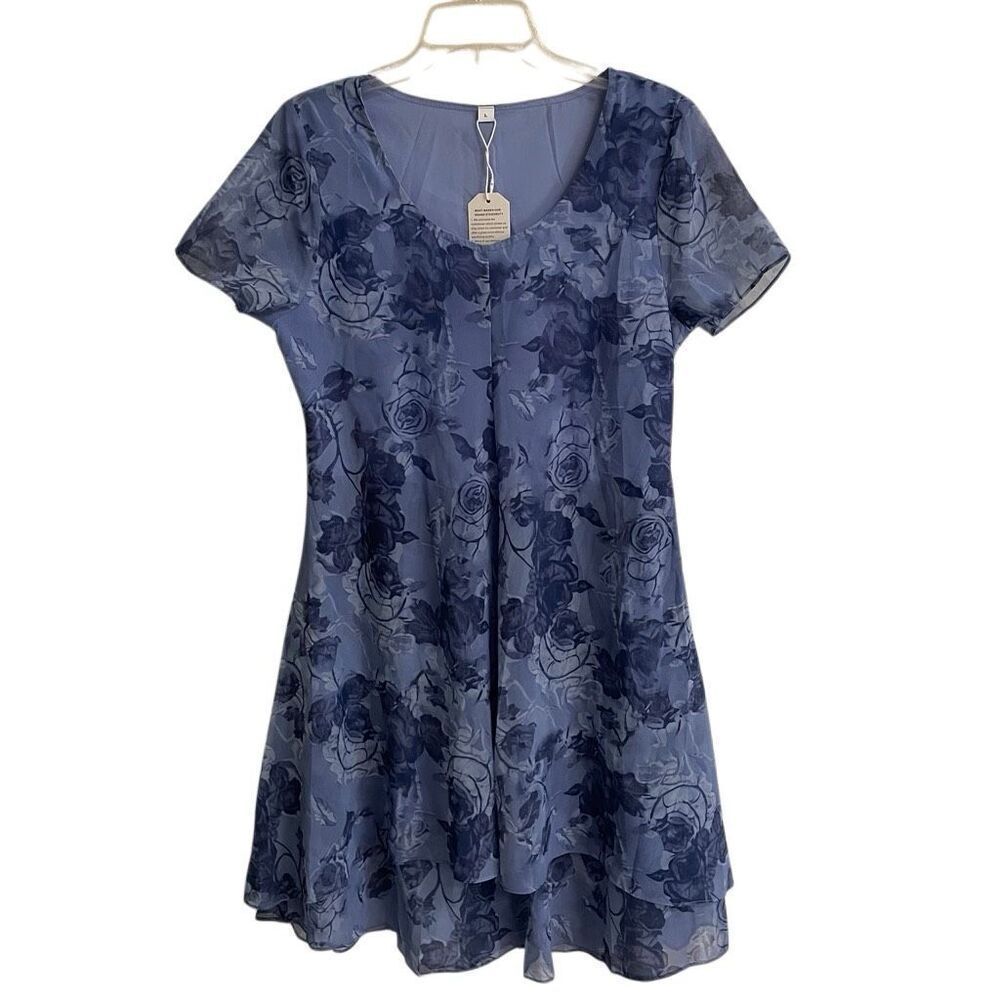 Unbranded fresh blue floral pullover dress women’s L asymmetrical round neck NEW